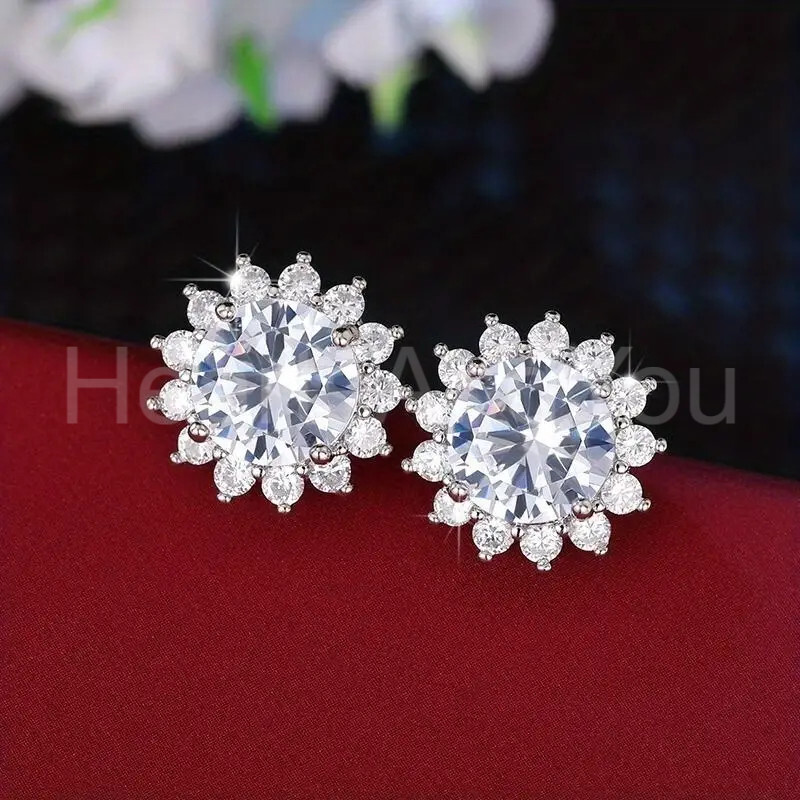 3ct Round Cut Moissanite Floral Halo Stud Earrings 14K White Gold Plated