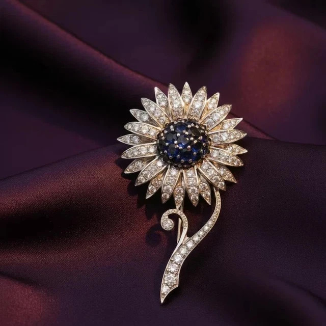 2.60Ct Round Cut Lab Created Sapphire Flower Brooch Pin 14K Yellow Gold Plated