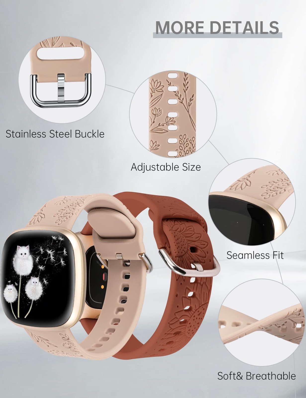 Minyee 2 Packs Floral Only for Versa 4/Versa 3/Sense 2/Sense, Walnut & Brown