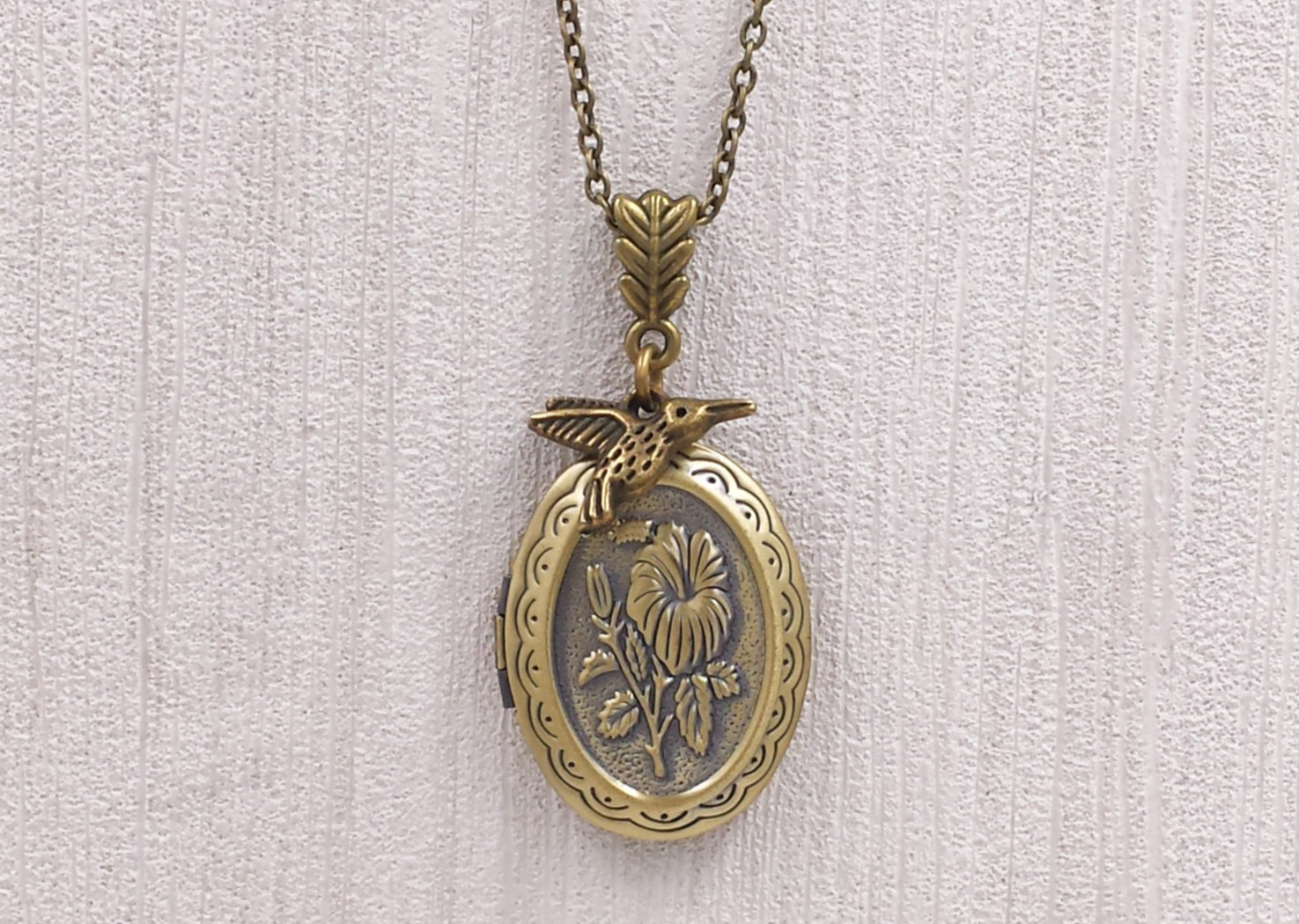 Flower and Hummingbird Locket Oval Vintage Hibiscus Floral Jewelry