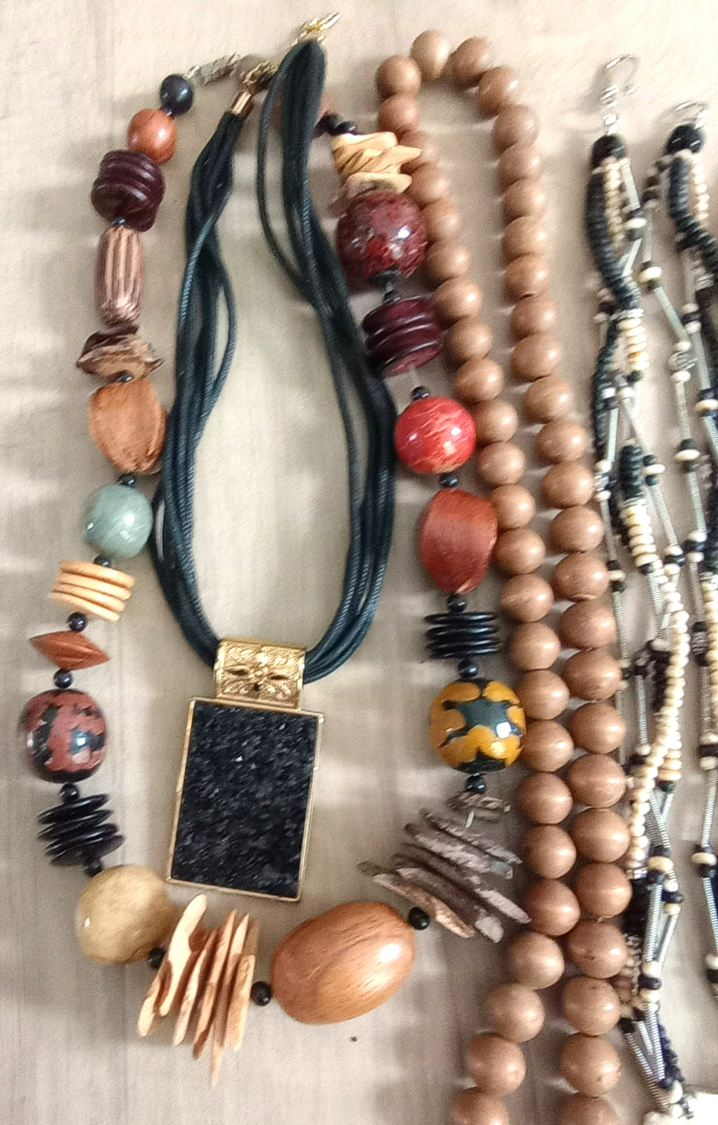 Tribal/ethnic lot of 6 necklaces, bone, wood beads, multi-media see pics