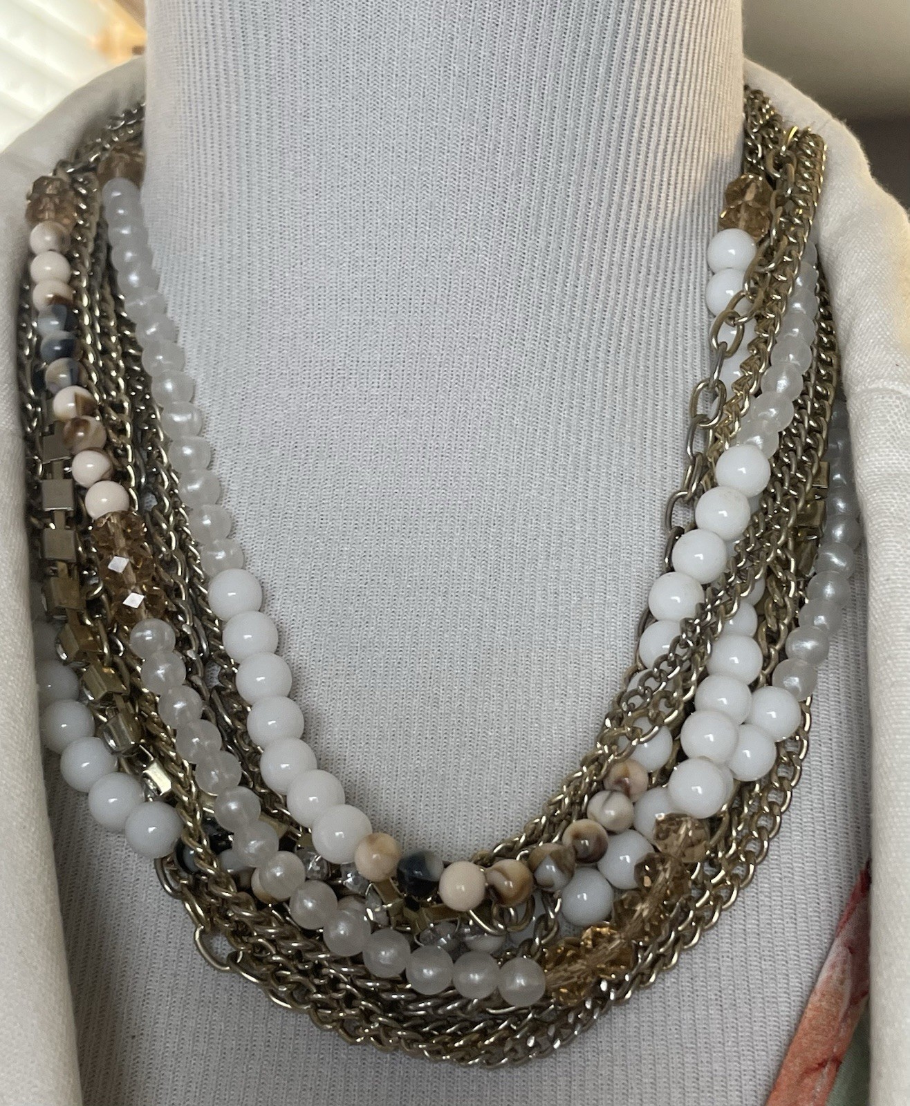Lydell NYC Multi Strand Statement Necklace Mix Beads Gold Tone Braided Chain
