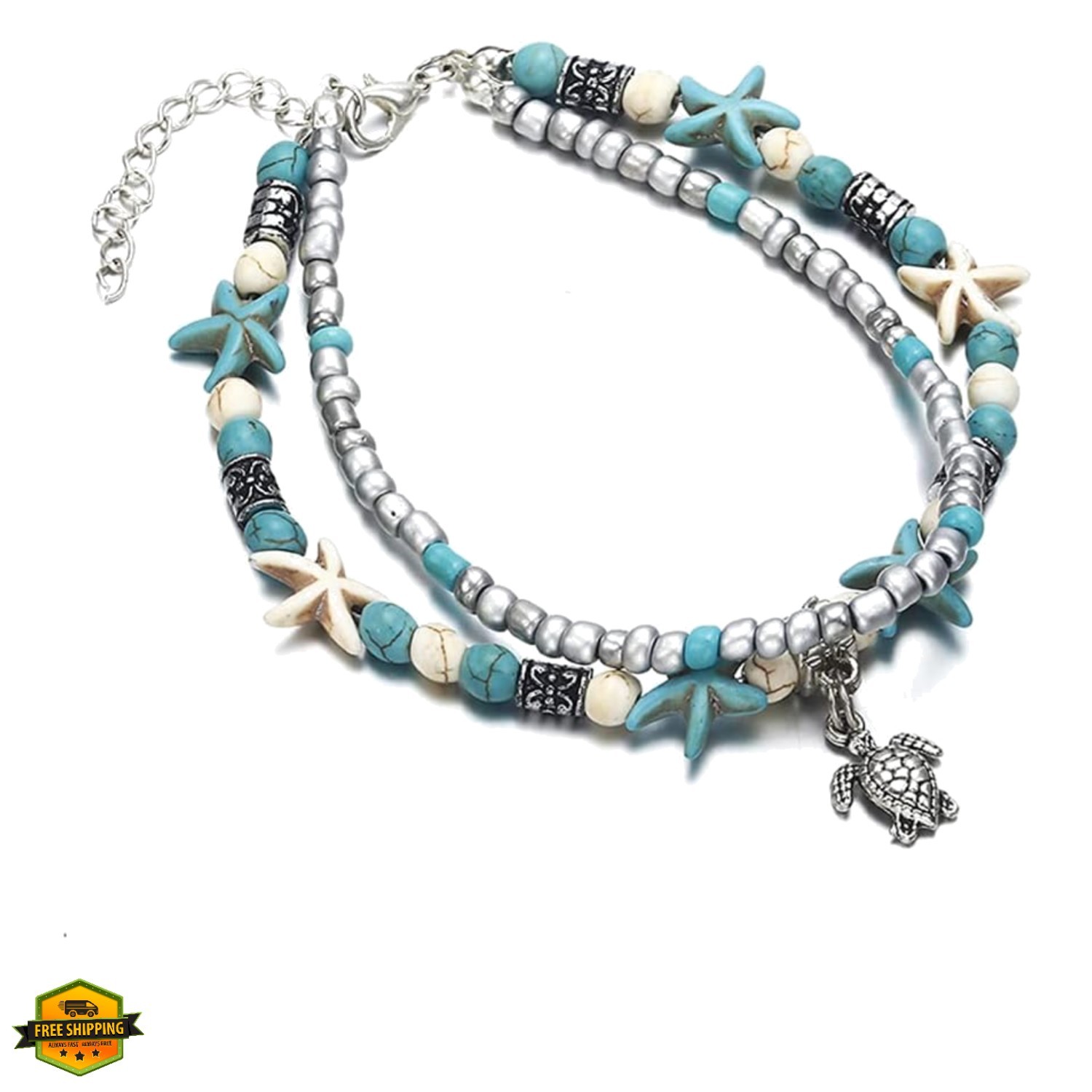 Blue Starfish Turtle Anklet Multilayer Charm Beads Sea Handmade Boho Anklet F…