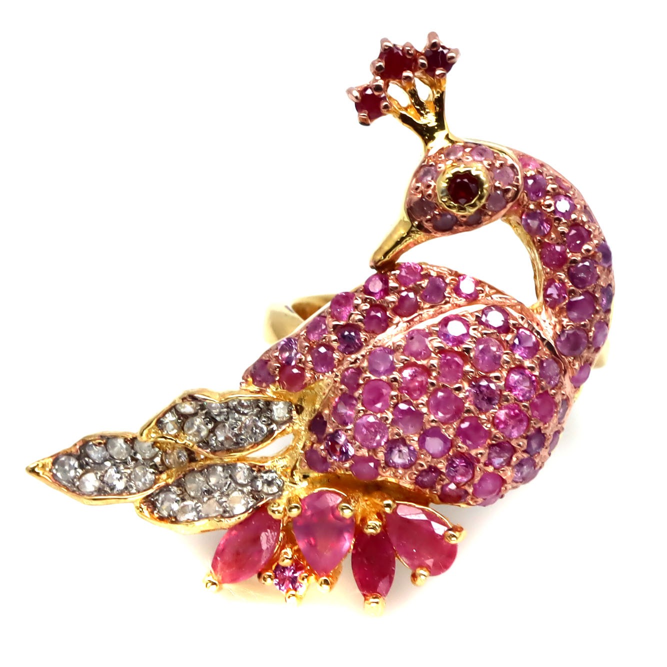 925 Silver Red Ruby, Sapphire & Zircon Birthstone Peacock Ring Size 7.75