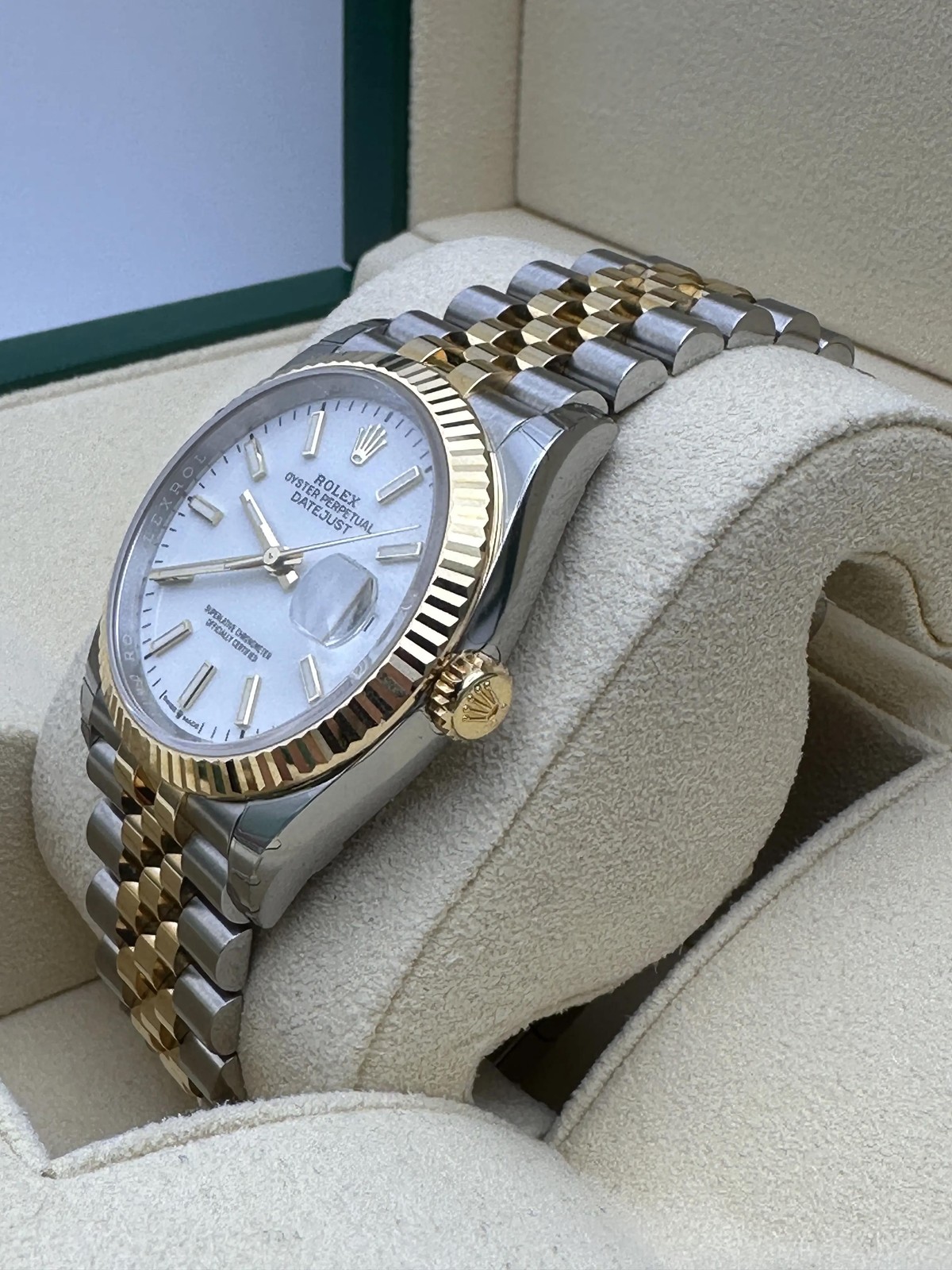 Rolex Datejust 36 126233 18K Fluted White Dial Jubilee Box Papers FULL STICKERS