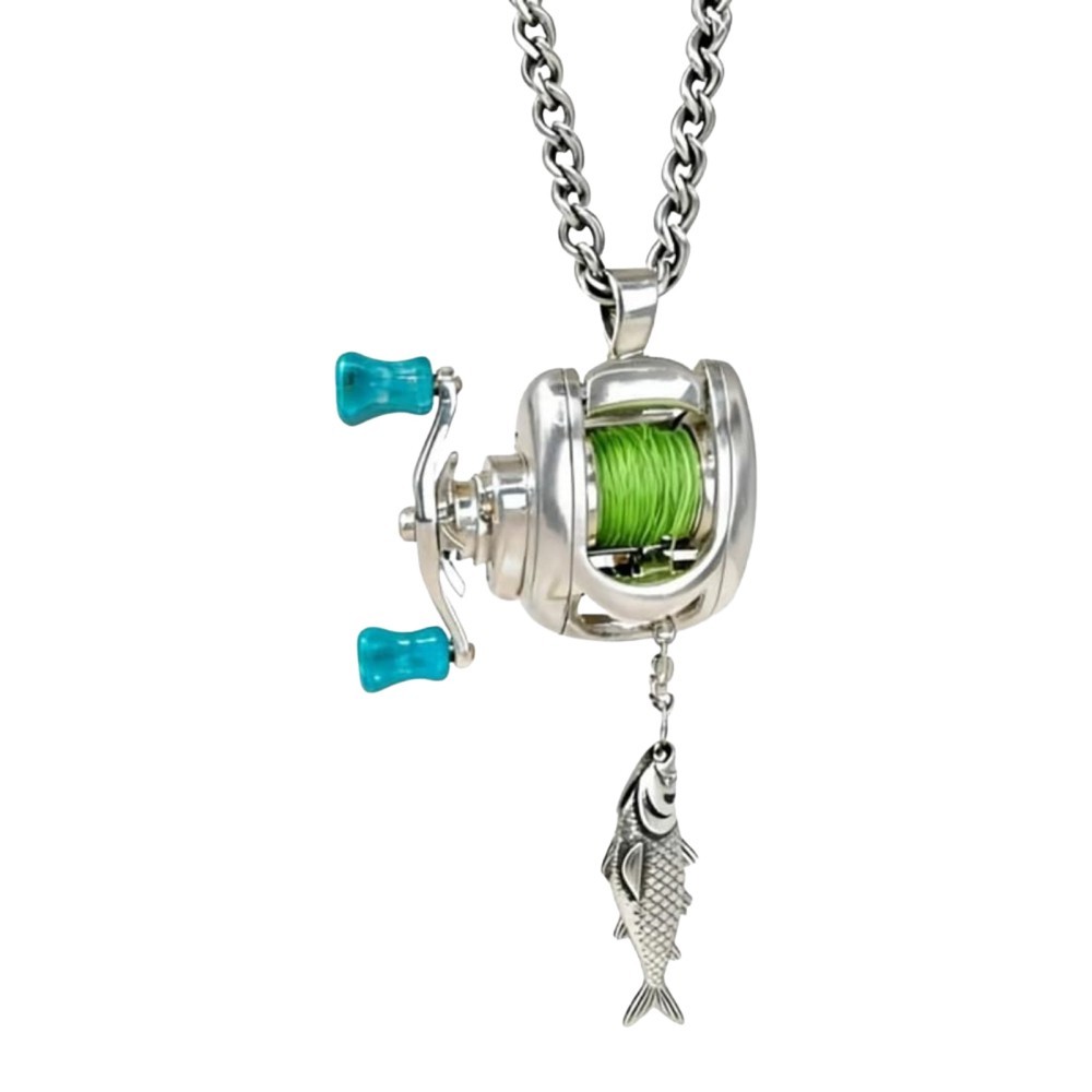 1/2x Fishing Reel Necklace Mini Rotating Reel Necklace Angler Jewelry Pendant