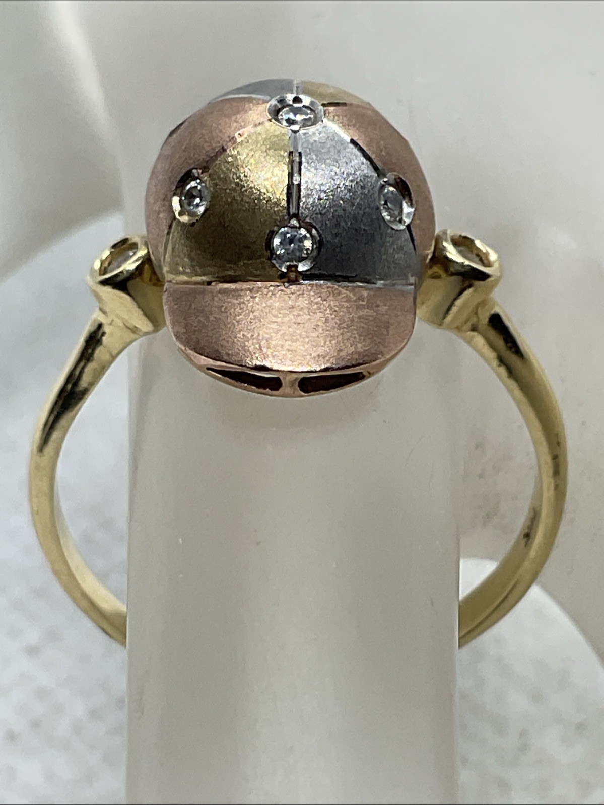 HANDMADE Solid 14K Tricolor Gold White CZ DOME Style ROTATING BASEBALL CAP Ring