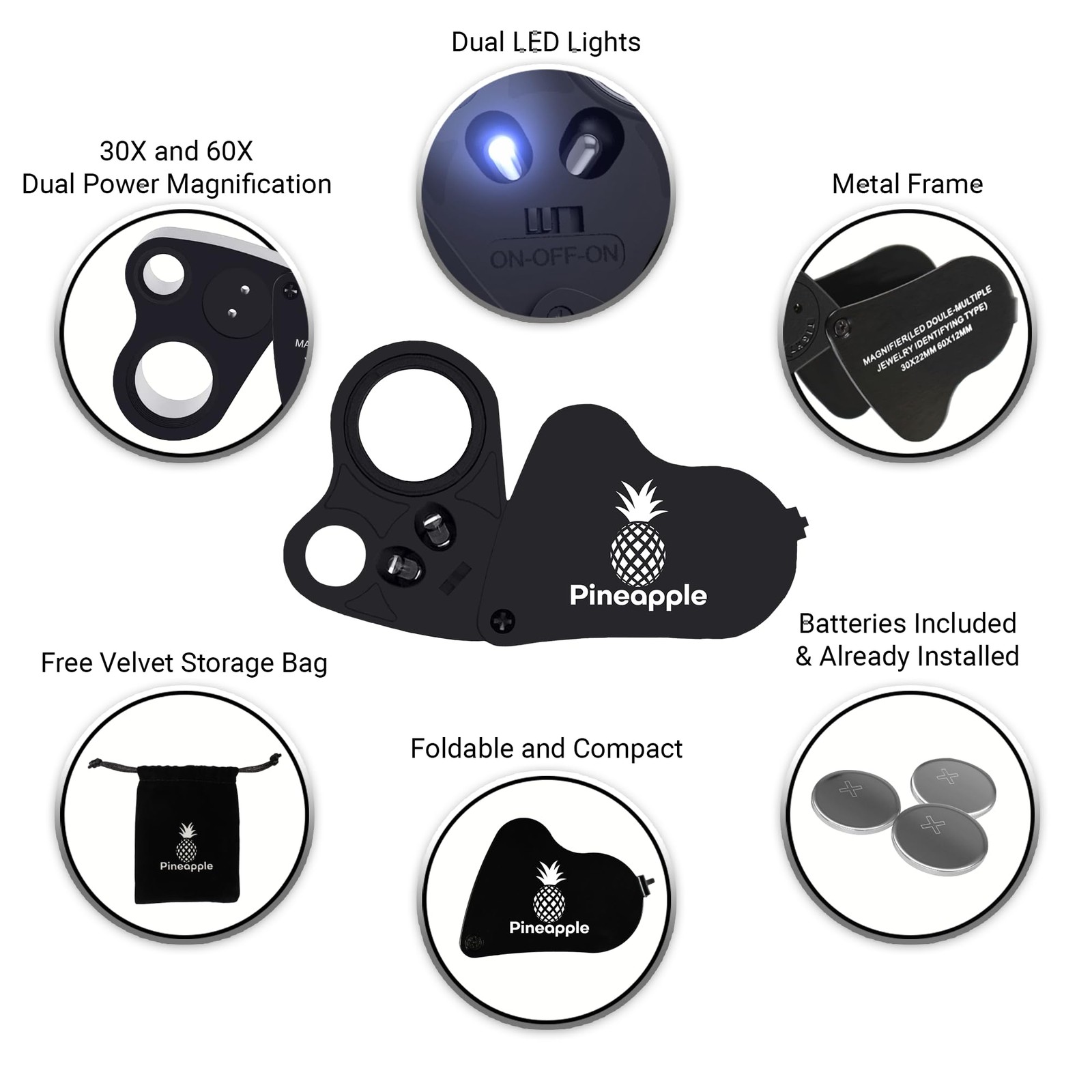 Jewelers Loupe, 2 Pack Magnifying Glass with Light, 30X 60X 90X Jewelers Loop