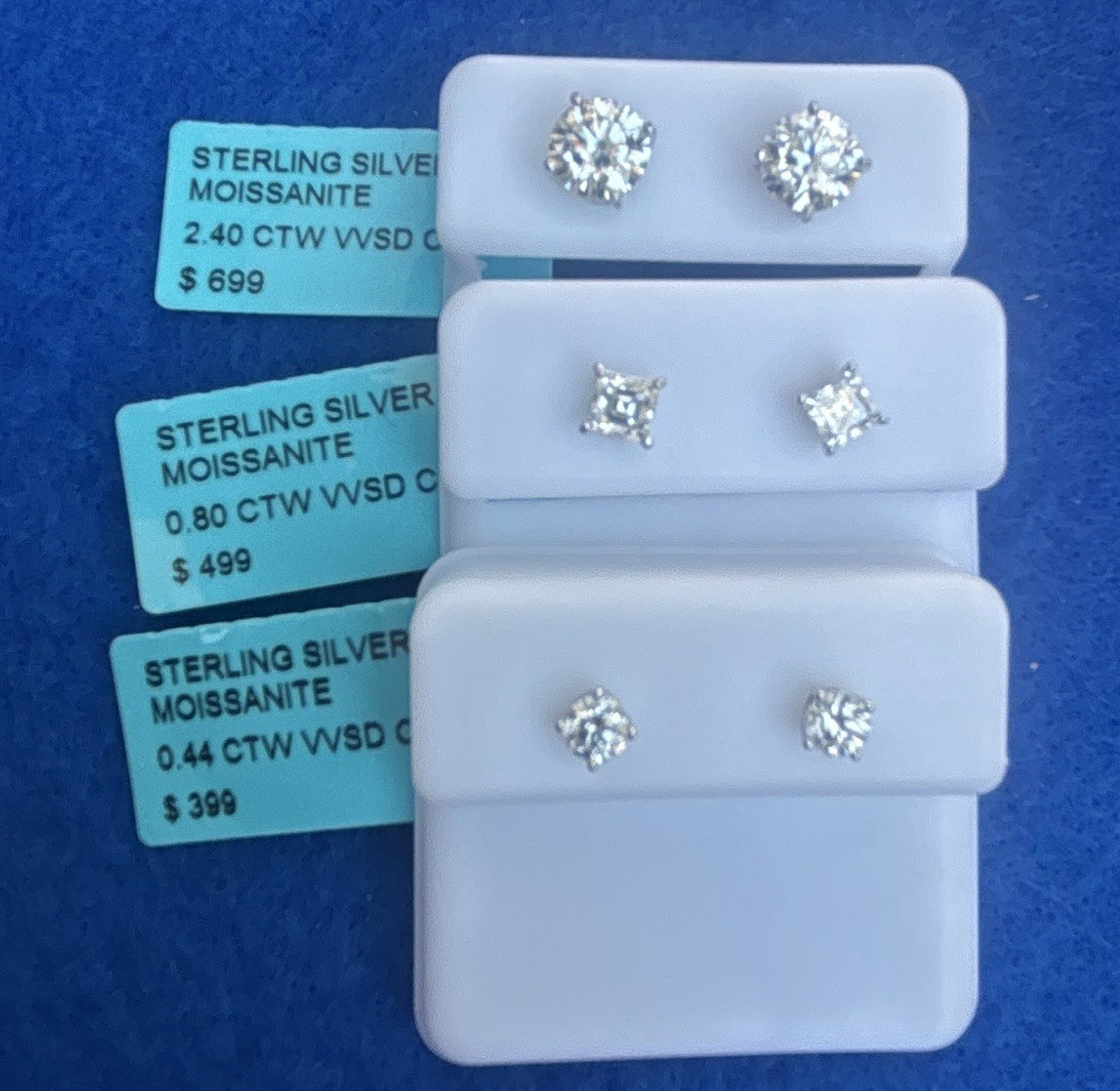 Sterling Silver Moissanite Stud Earrings Set, 3 Pairs, White/Colorless