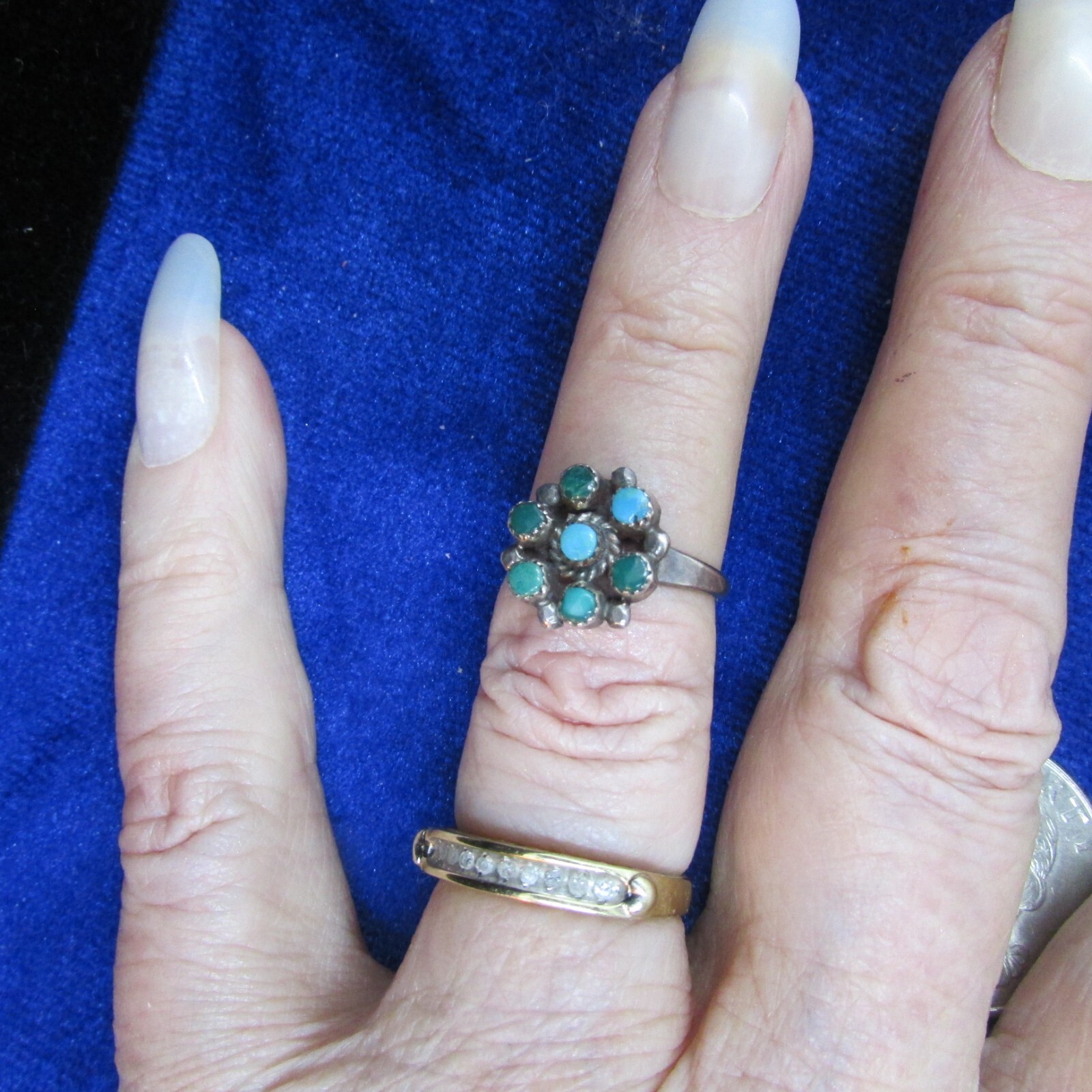 VTG SW N A TURQUOISE CLUSTER RING. VERY OLD, SIZE 5.5 STERLING