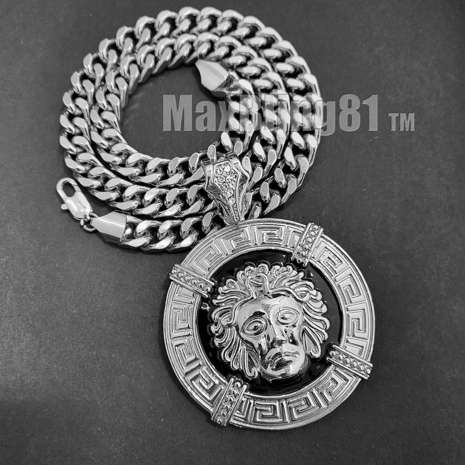 Silver Plated Alloy Cubic Zirconia Large Medusa & Pendant Cuban Chain Necklace