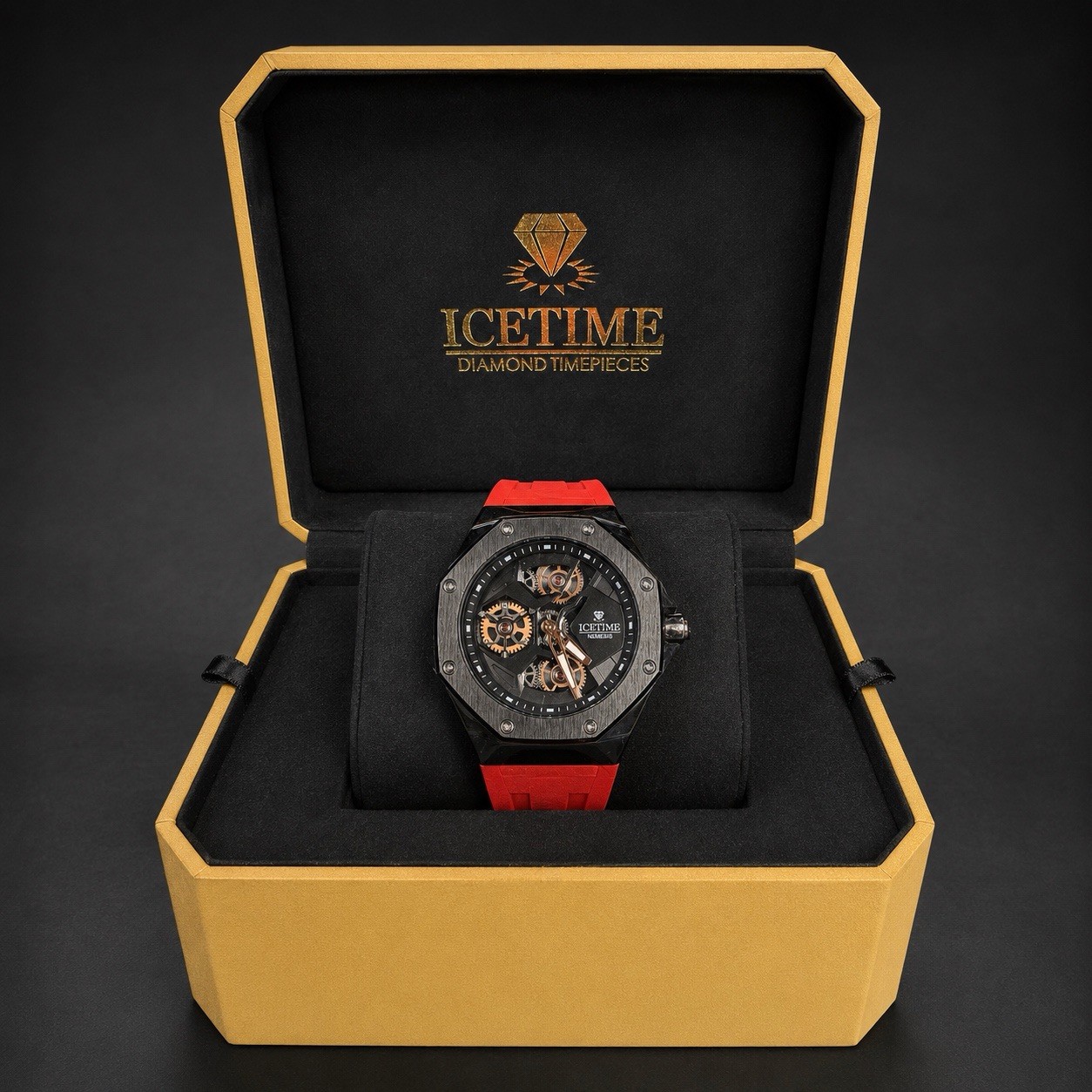 ICETIME Nemesis Men’s Black Skeleton-Style Watch Red Silicone Strap w/ Box
