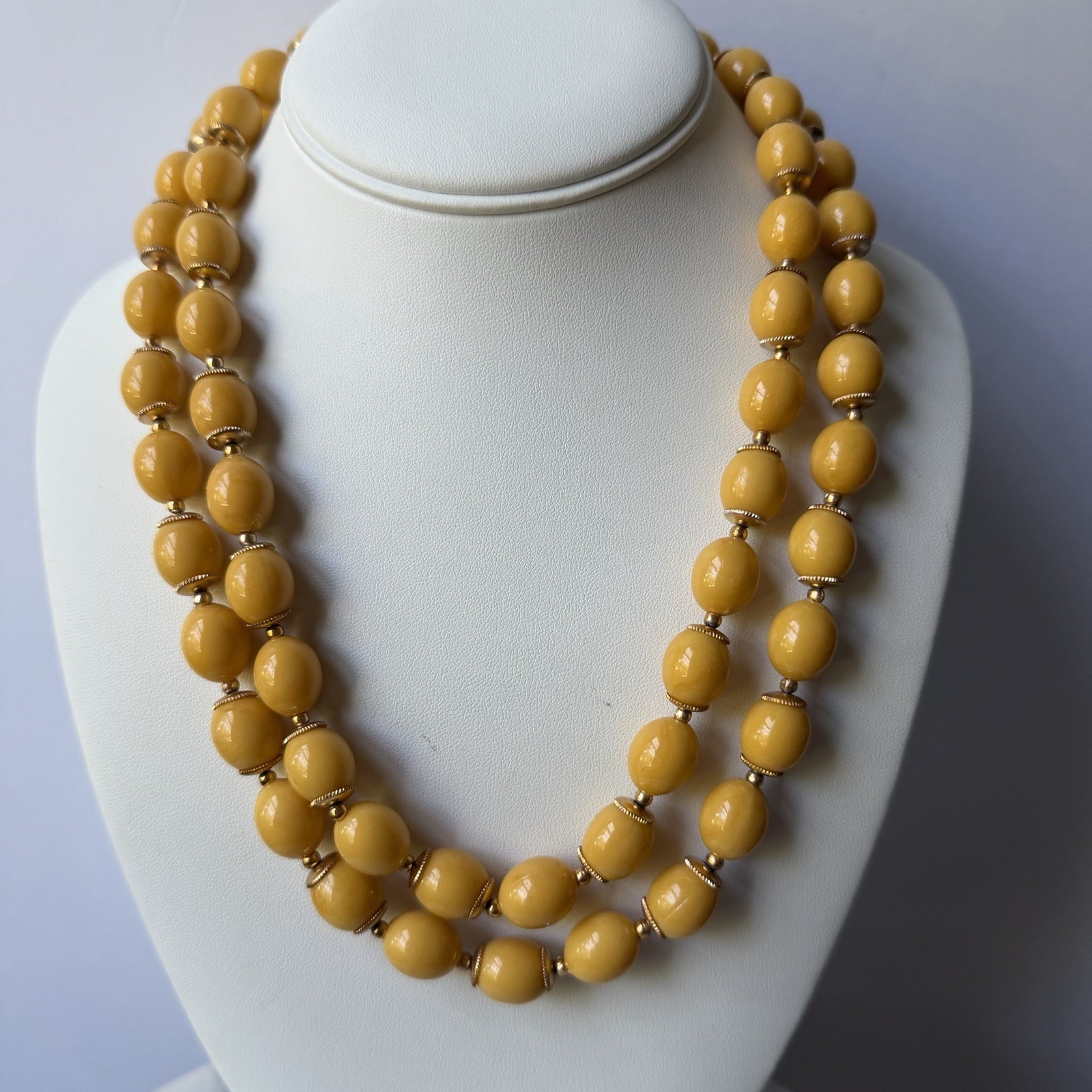 Vintage Hong Kong Double Strand Mustard Yellow Lucite Bead Necklace 18” MCM