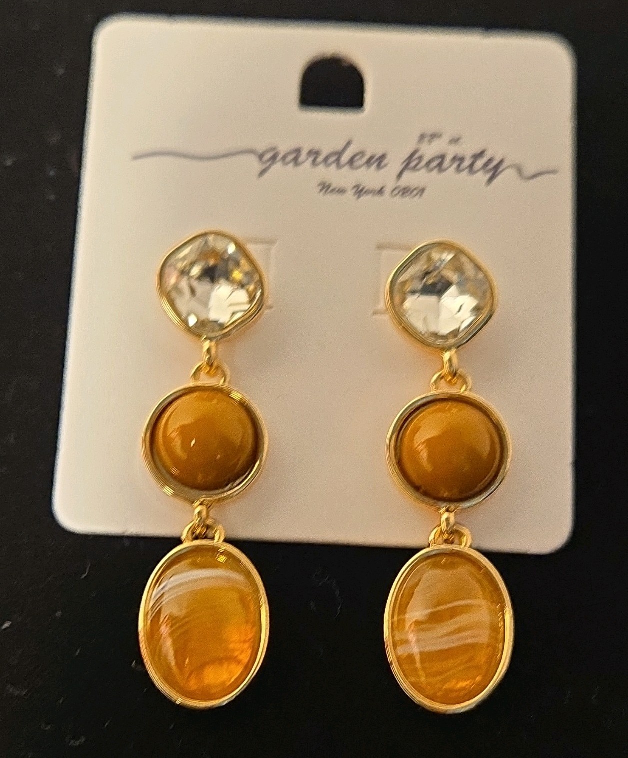 Garden Party Gold Tone Clear Crystal & Orange Oval Dangle Earrings Butterfly