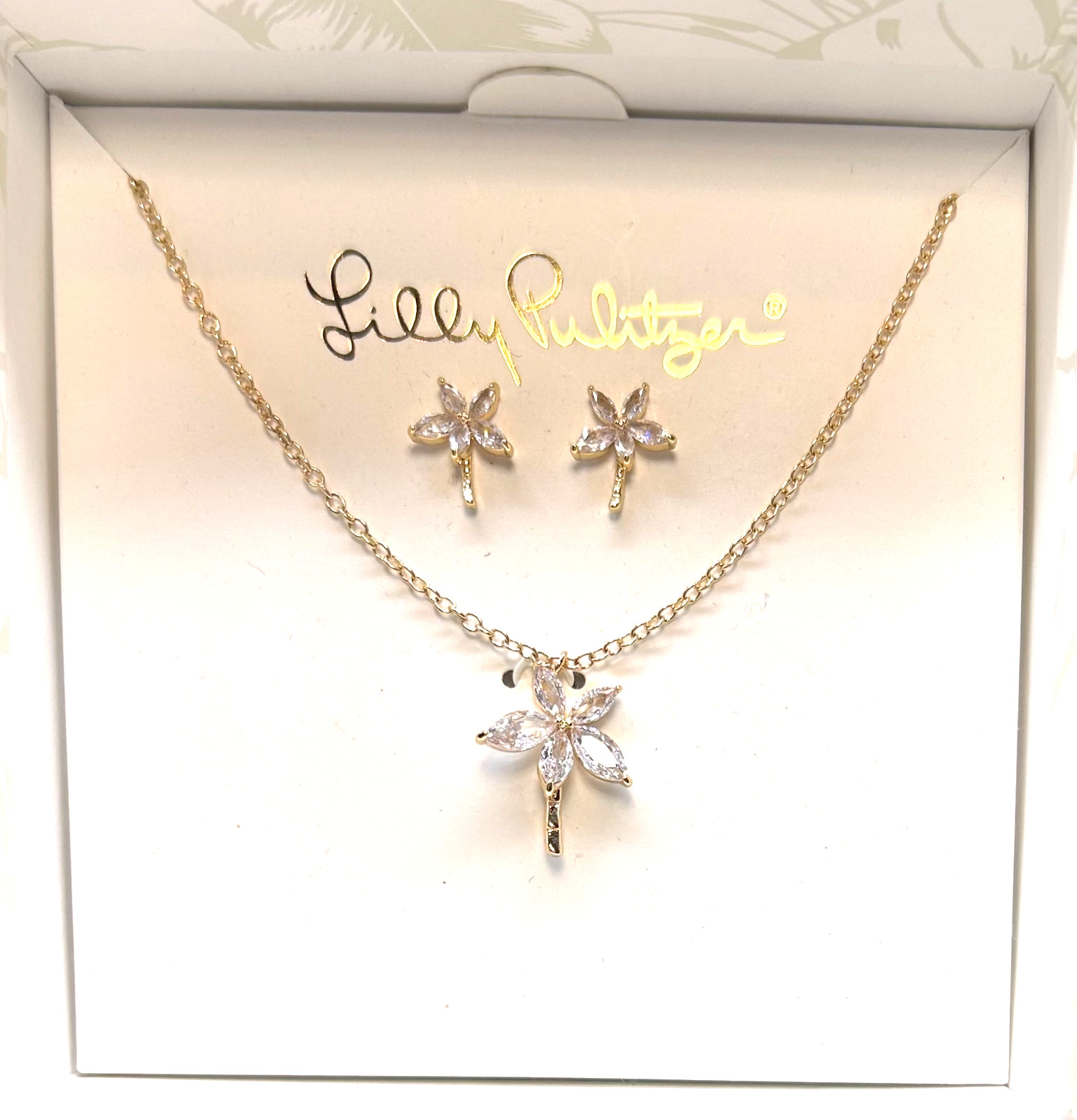 Lilly Pulitzer Gold Tone Rhinestone Sparkling Palm Tree Necklace Earring Set NWT