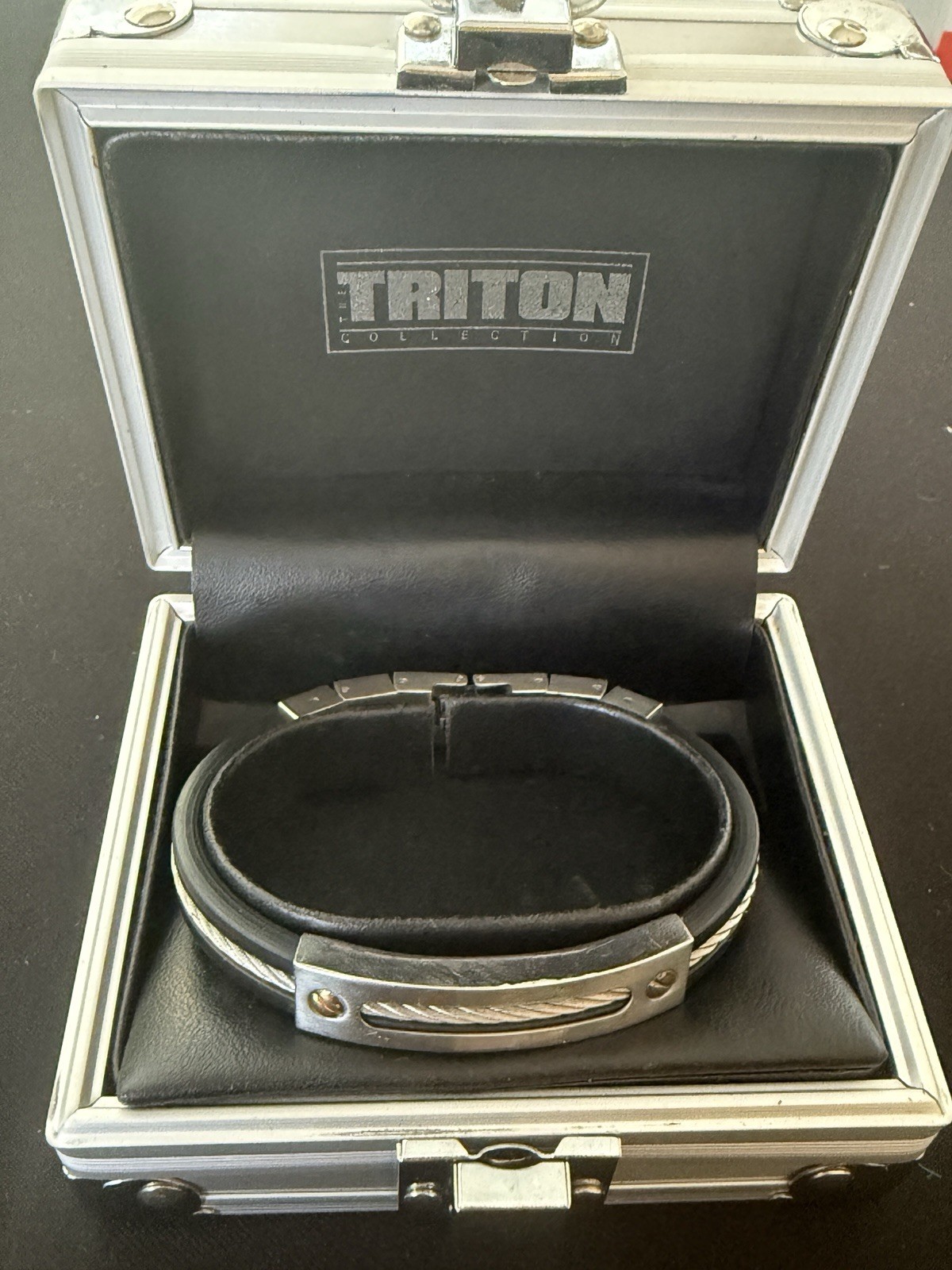 Triton Mens Bracelet Stainless Steel & Black Rubber 14K Gold Screws Cable Inlay
