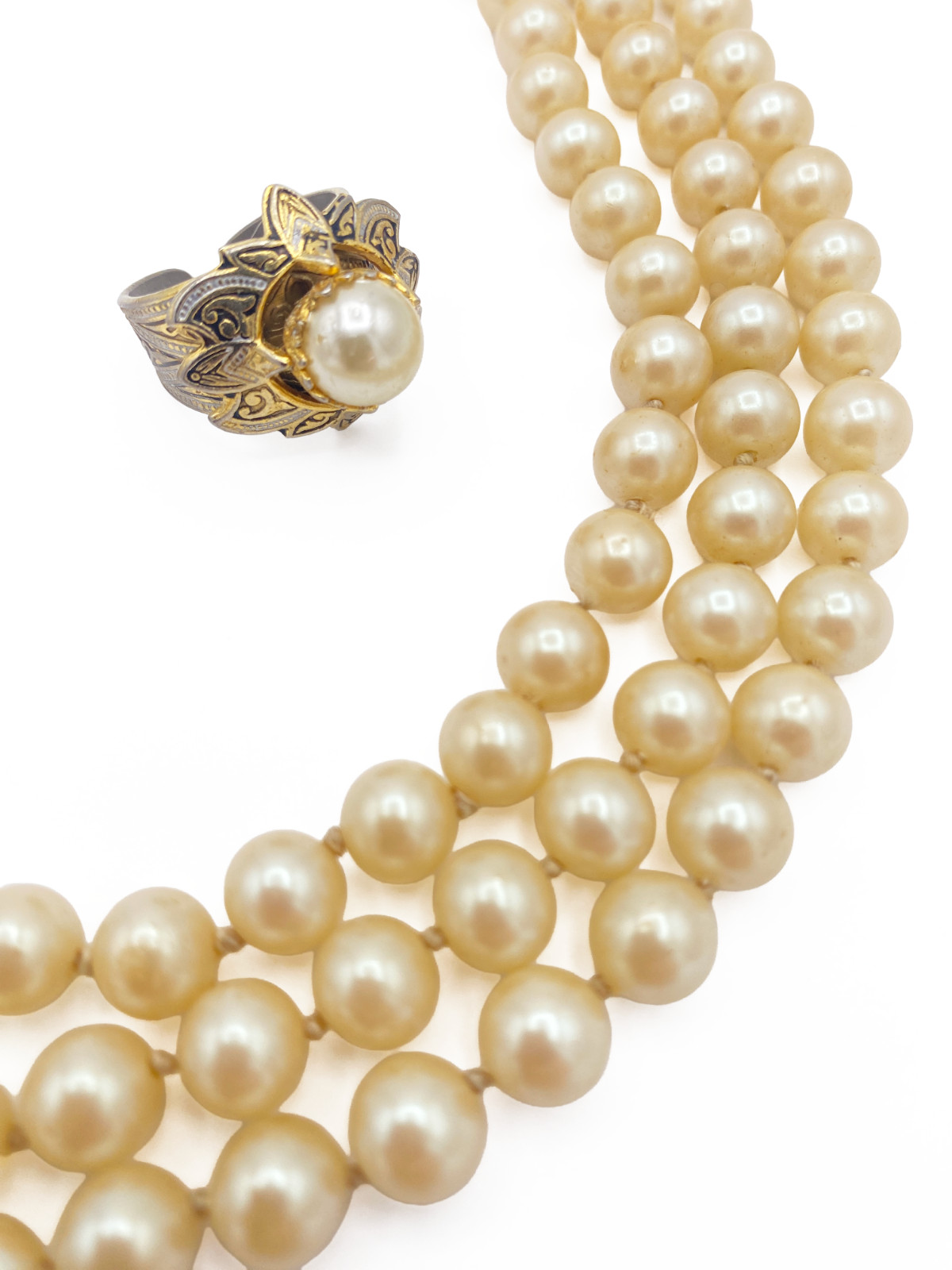Vintage Faux Pearl Jewelry Lot 60in Necklace Lisner Brooch Spain Ring