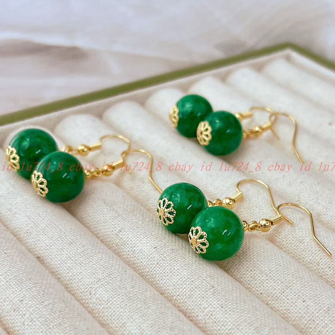12mm Green Jadeite Rund Gemstone Floral Healing Dainty Earrings for Women