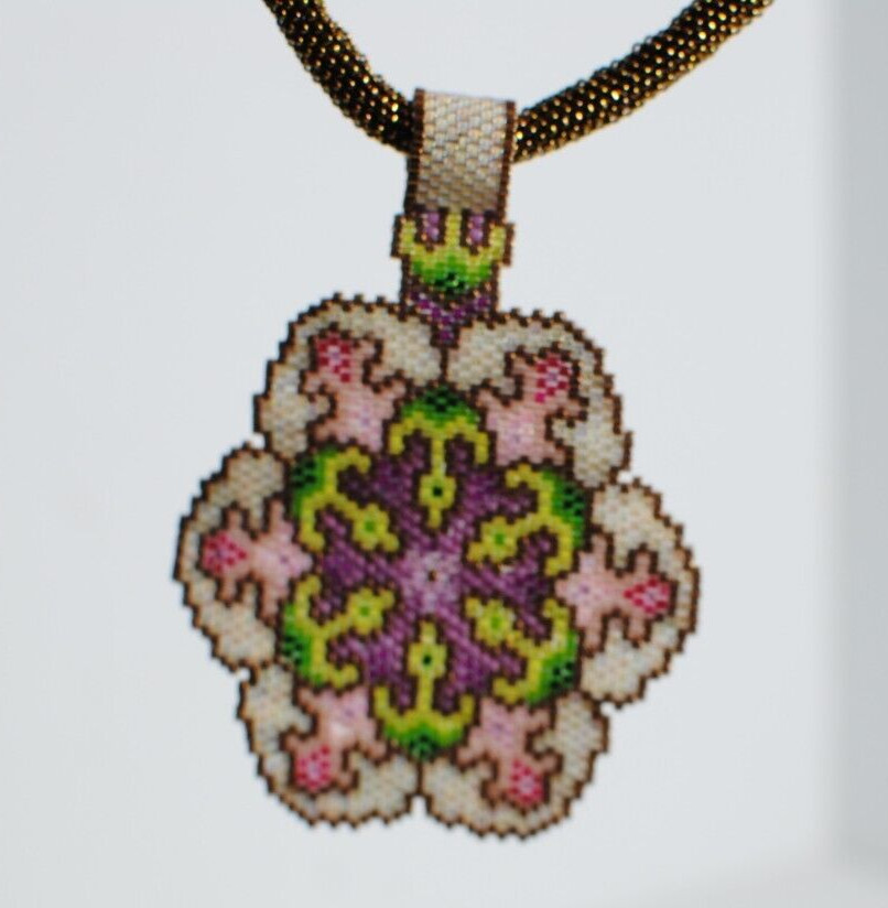 Hand Beaded Artist Design Multi Colored 3″ Pendant 24 inch Gold Beaded Chain