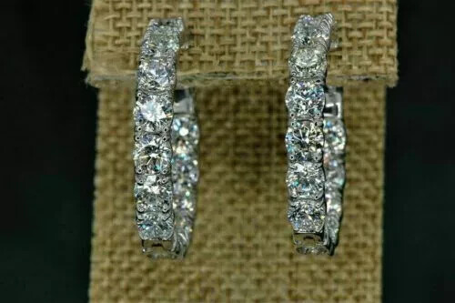 3.00 CT Round Cut Moissanite Inside Outside Hoop Earrings 14k White Gold Plated