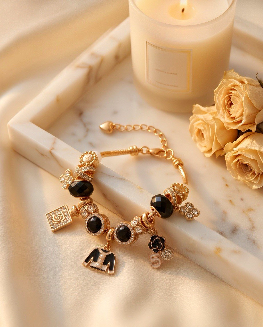 Elegant Gold & Black Designer-Inspired Charm Bracelet (Adjustable 6″–8″)