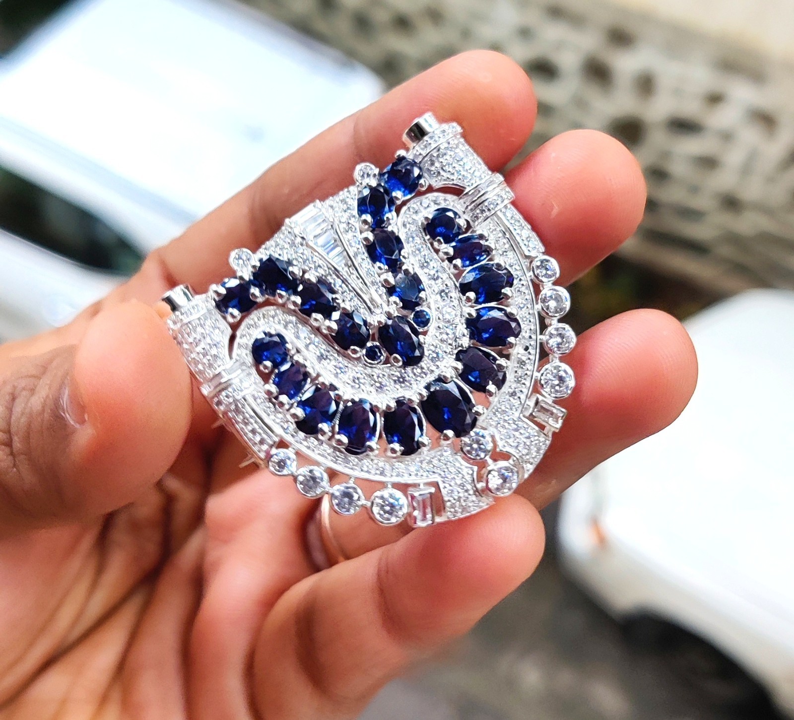 4Ct Oval Cut Lab Created Blue Sapphire Brooch Pin 14K White Gold Plated Silver