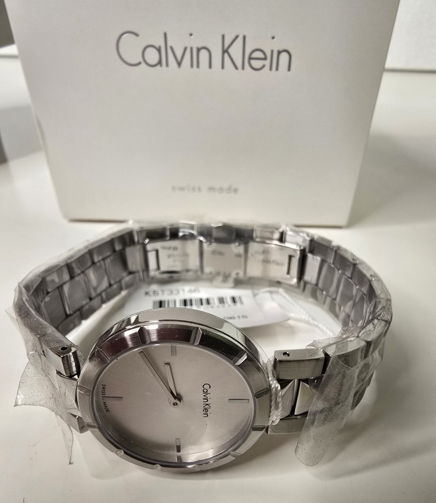 Womens Calvin Klein Swiss Stainless Steel Watch Silver Pyramid Studded K5T33146