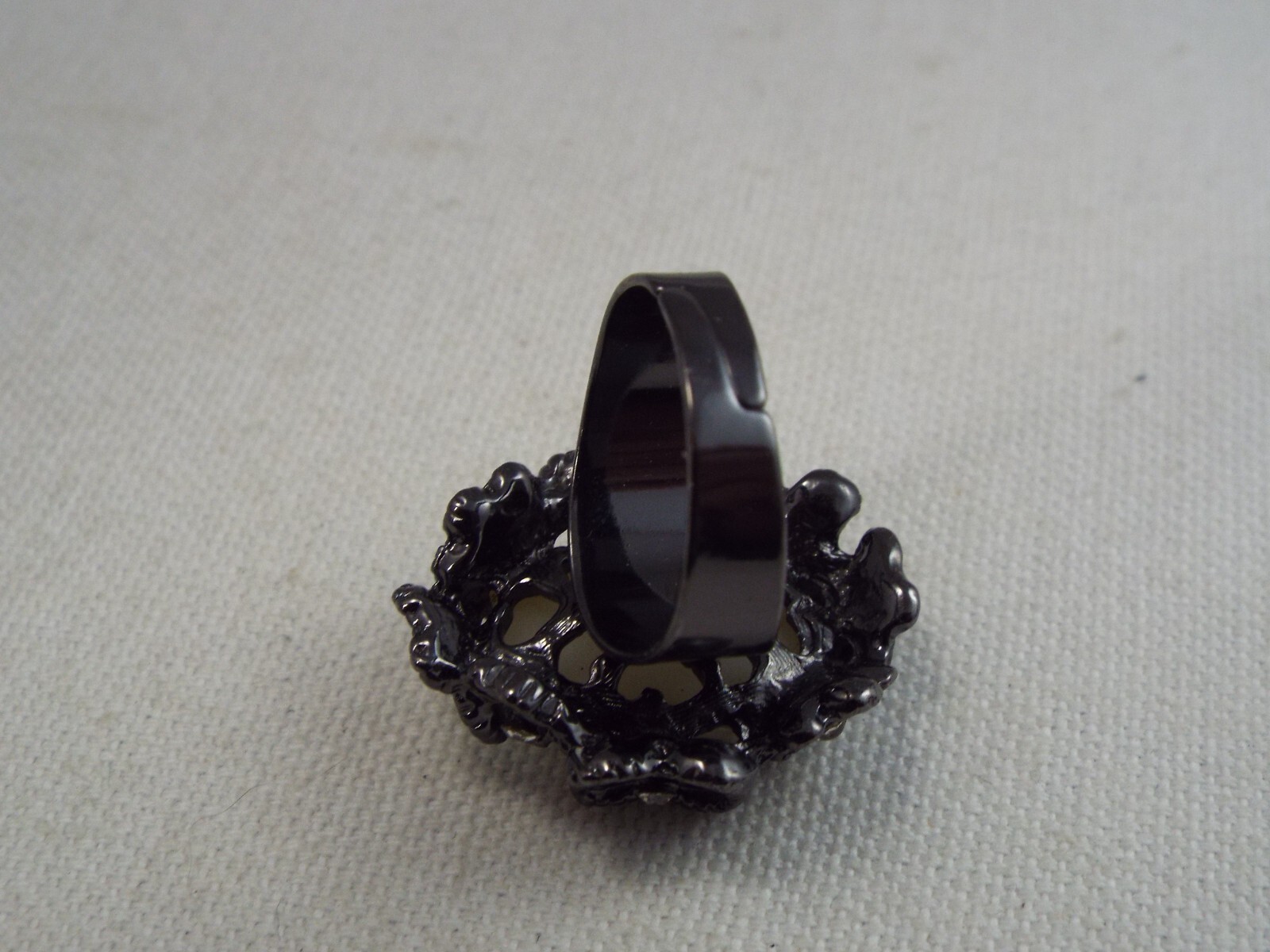 Gunmetal White Bead Ring ~ Adjustable Size 7-8 (A68)