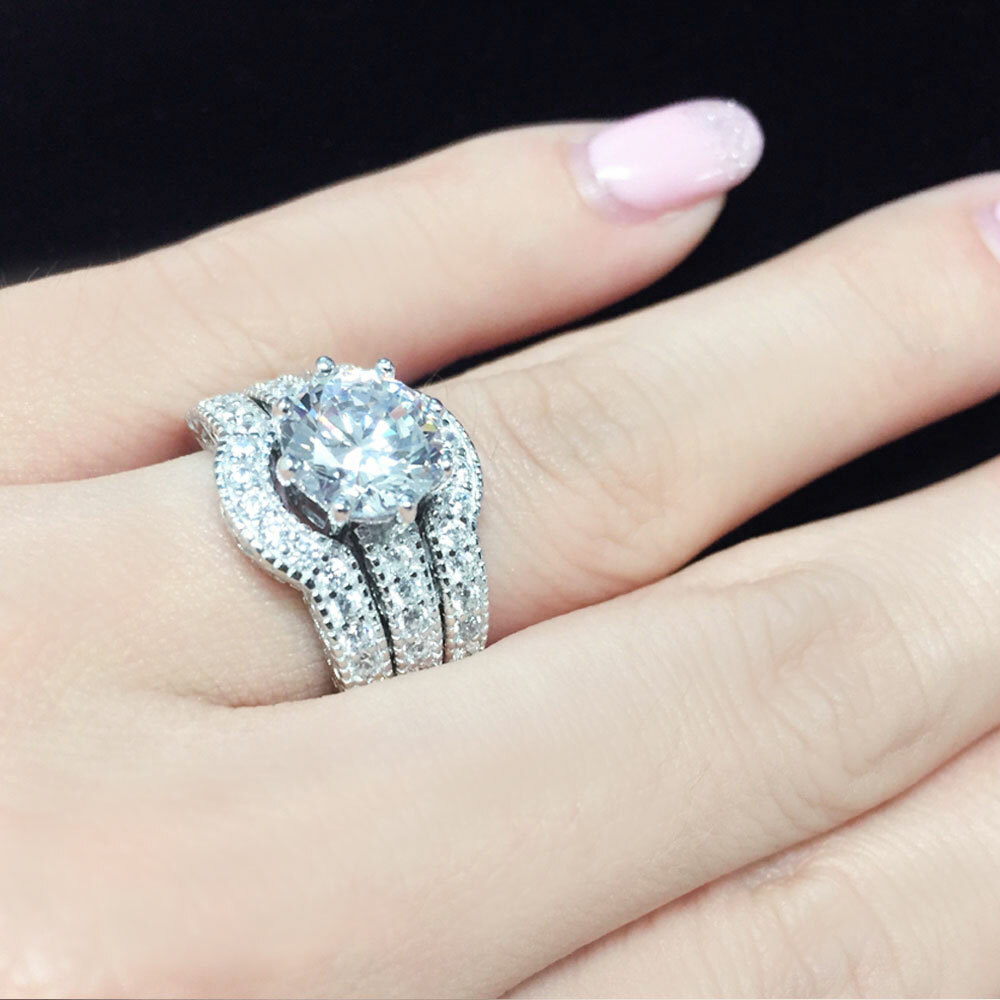 Classic Hers Solid Sterling Silver His Tungsten Wedding Engagement Ring Band Set