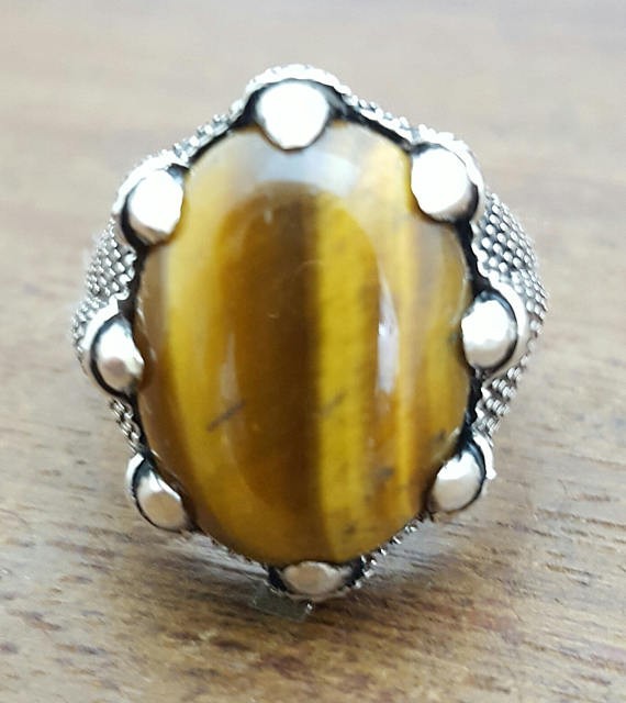 Solid 925 Sterling Silver Natural Tiger’s Eye Oval Gemstone Men’s Unisex Ring