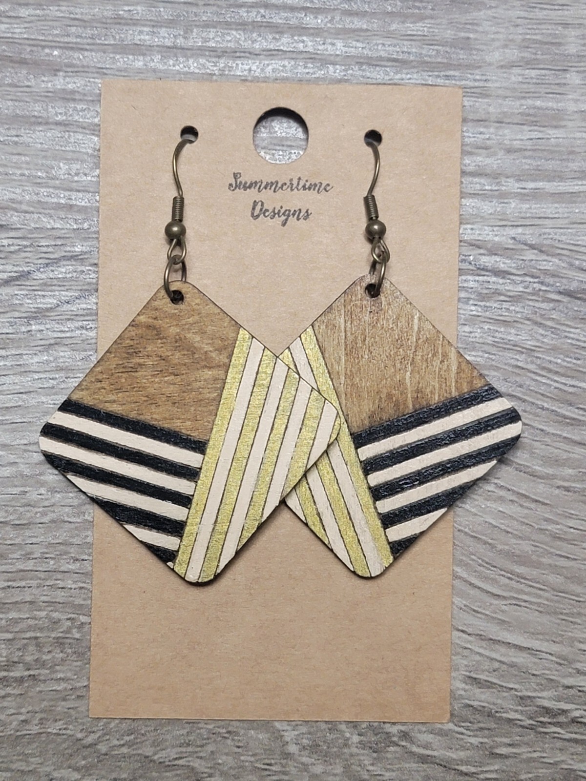Hand Painted Laser Cut Wood Earrings Black, & Beige Diagonal Stripe Square 1.5″