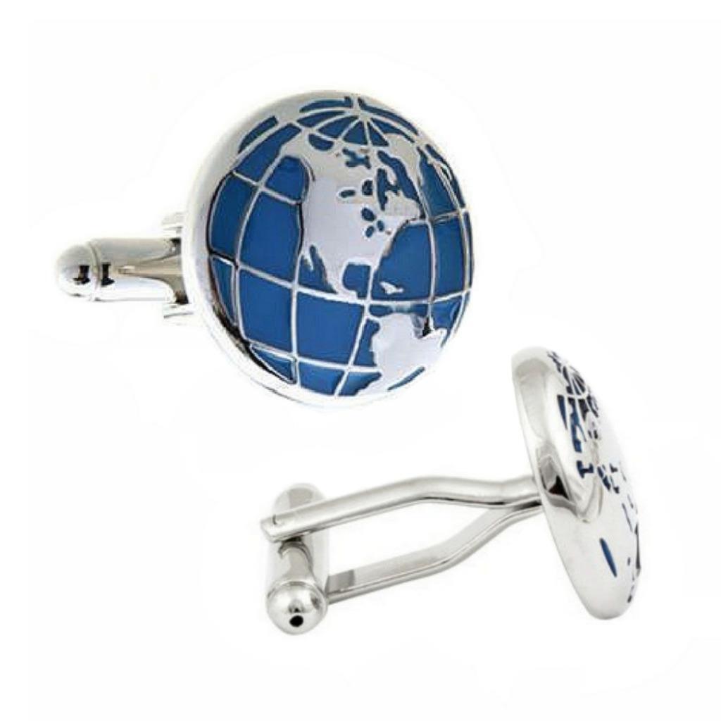 WORLD MAP CUFFLINKS Globe Trotter Jet Set Traveler Travel Blue Silver w GIFT BAG