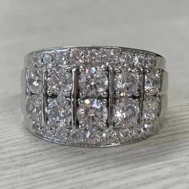 3CT Round Cut Real Moissanite Men’s Wedding Band Ring 14K White Gold Plated