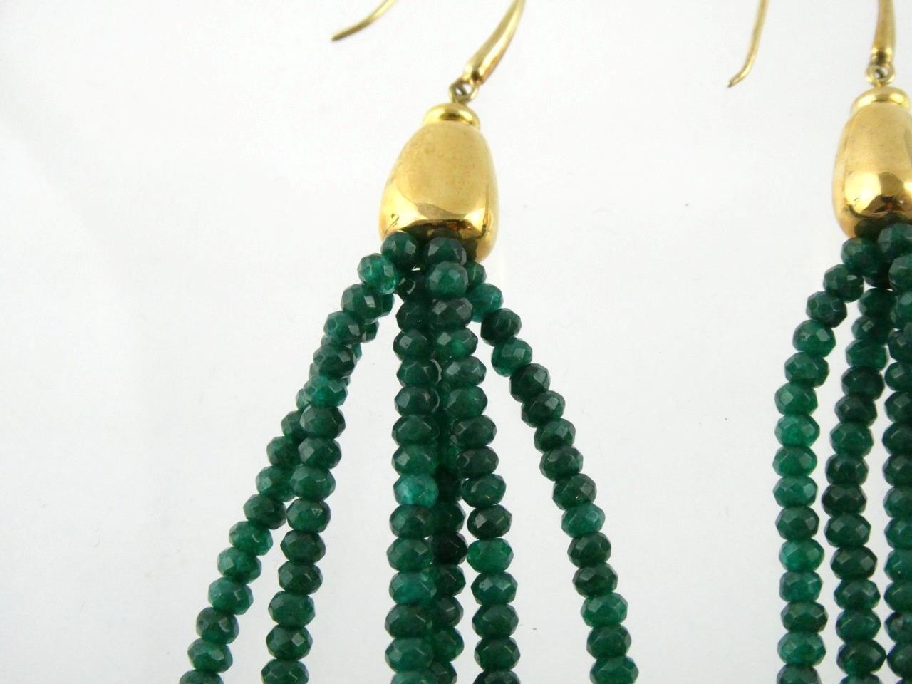 Gilded Sterling Silver Faceted Green Onyx Tassel Hook Earrings 925 18.7g 3.75 In