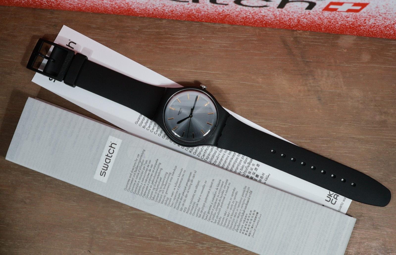 New Swiss Limited Swatch BackToBlack 41MM Matte Black Gray Gold Colored SUOB173