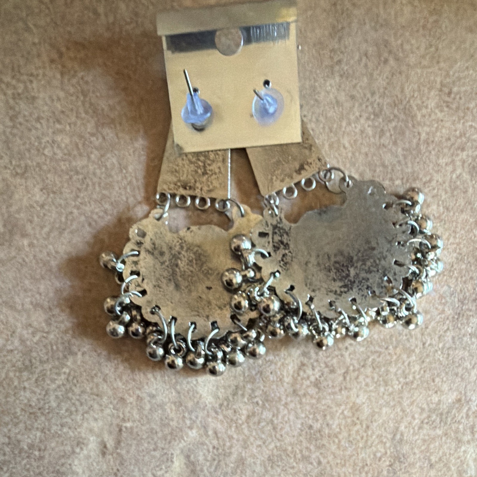 Silver Tone Mirror Disc Dangle Drop Earrings Round Bezel Set Butterfly Back