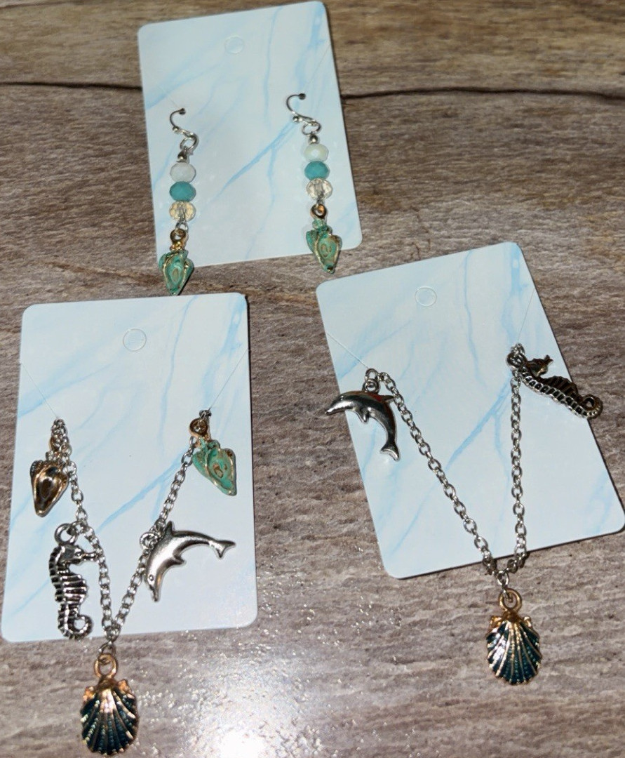 Sea Life Charm Jewelry Set Earrings Bracelet Necklace Silver Gold Green Blue
