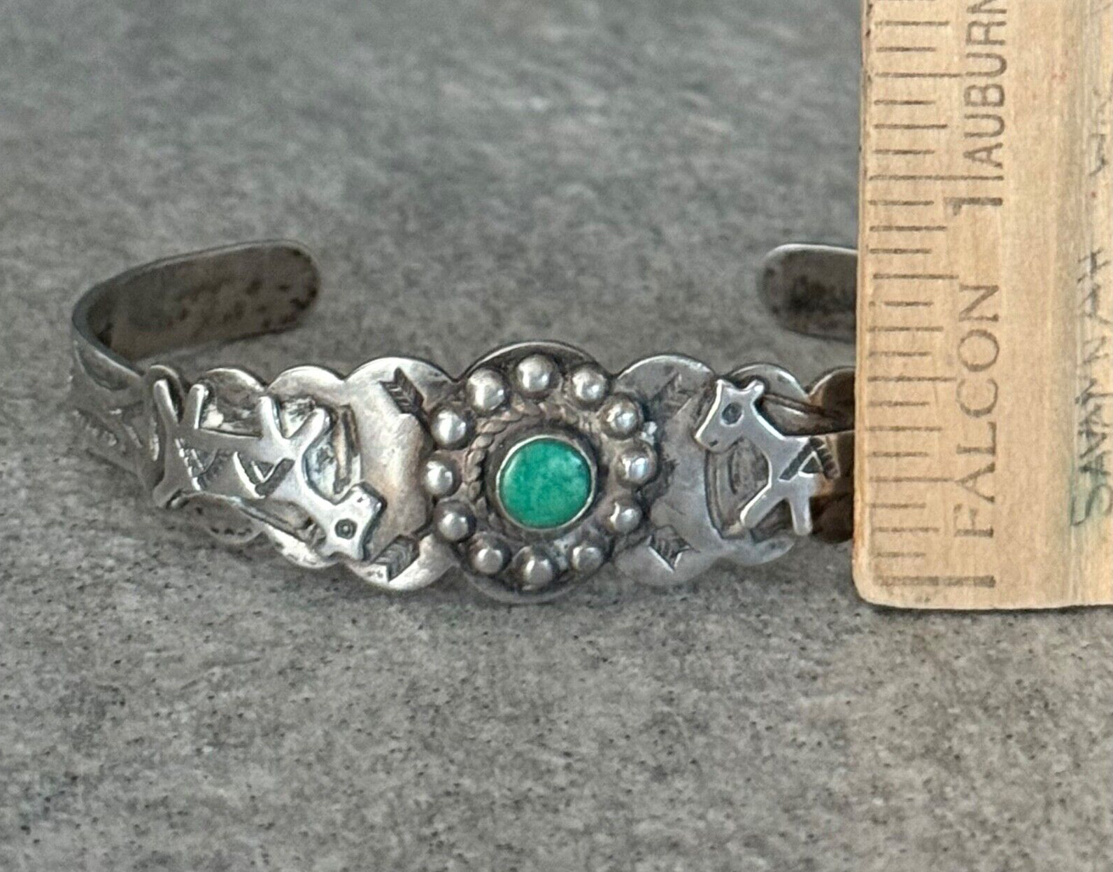 Vintage FRED HARVEY ERA Navajo Turquoise DOG HORSE Sterling Bracelet 6.7 in