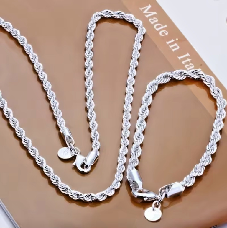 High Quality 925 Silver 4MM Women Men Chain Male Twisted Rope Necklace Bracelets