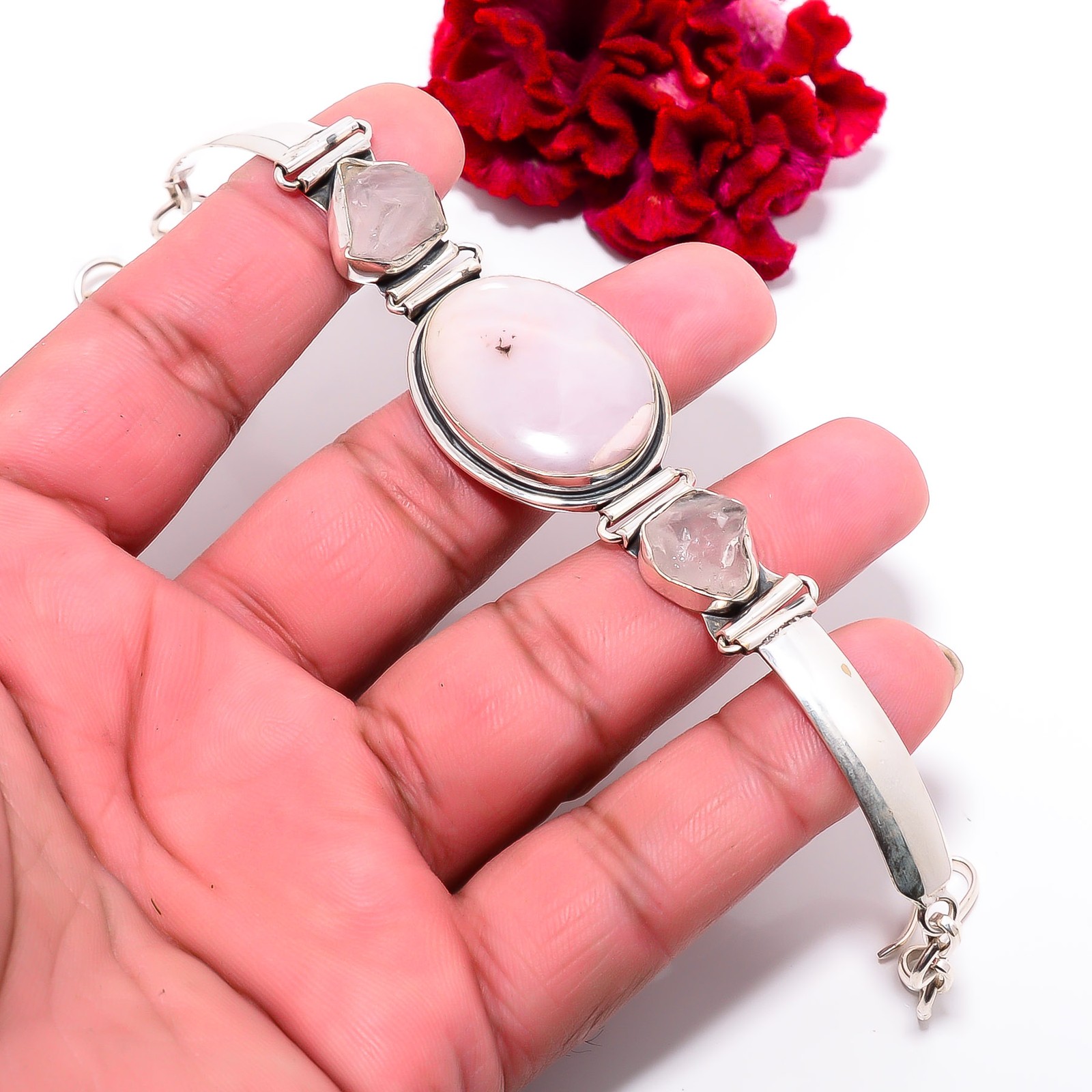 Pink Opal – Australia & Rough Pink Rose Quartz 925 Silver Bracelet 7.99″ B100107