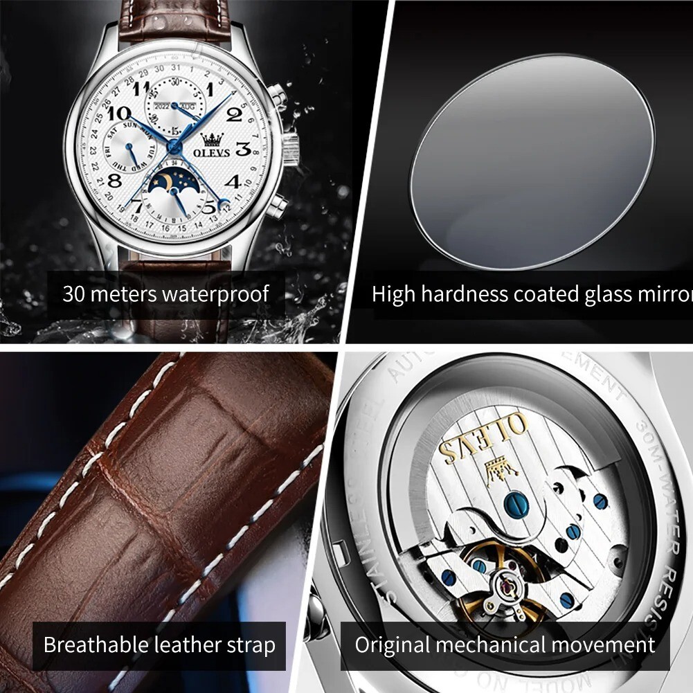 OLEVS Men Automatic Mechanical Moon Phase Calendar Stainless Steel Brand Watch