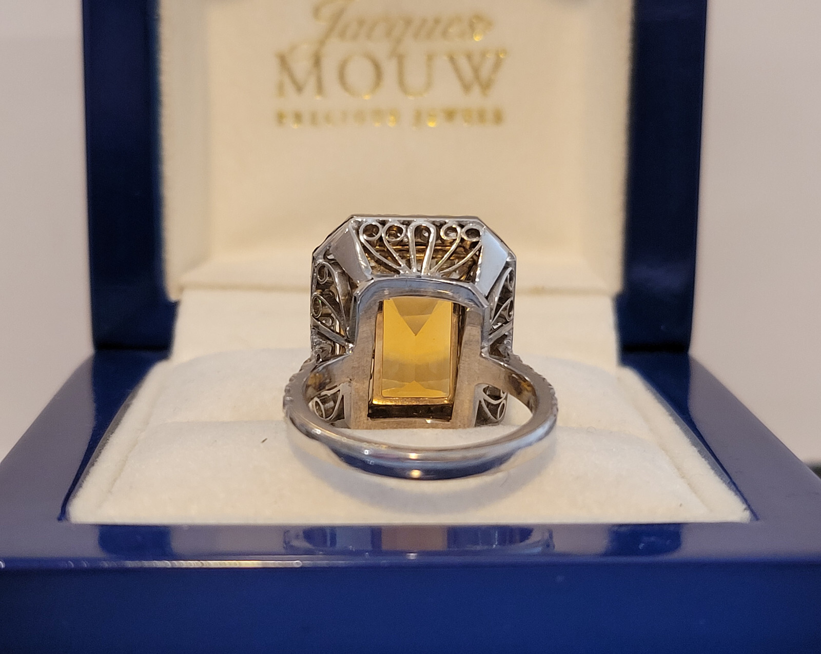 Emerald Cut Citrine and Diamond Ring 7.71 carats. Set in Platinum/18KYG