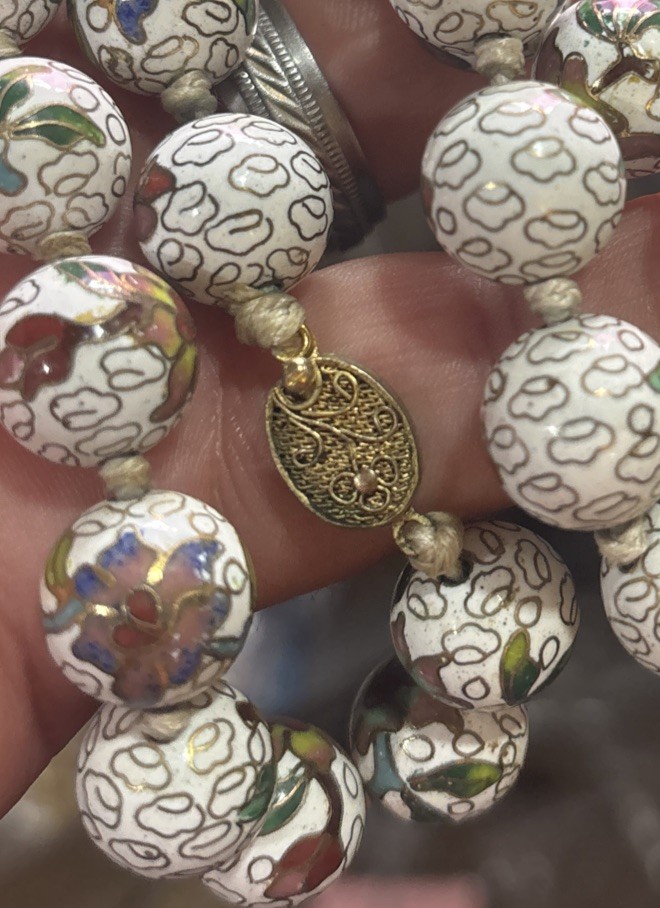 Vintage Chinese Cloisonne Bead Necklace White Enamel Floral Hand Knotted 27”