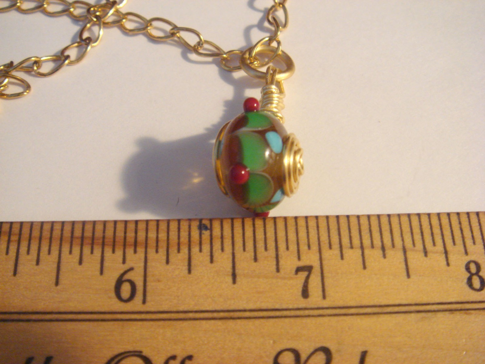 #227 A Unique Lamp Work Bead Pendant with Gold Chain Wire Wrapped One of a Kind