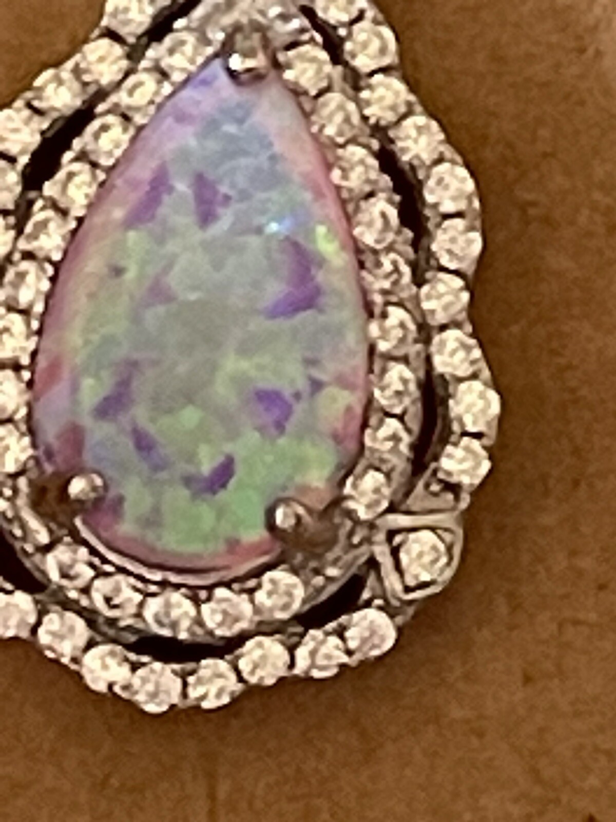 Sterling Silver Pear Pink Lab Opal CZ Necklace 22 Inch Chain