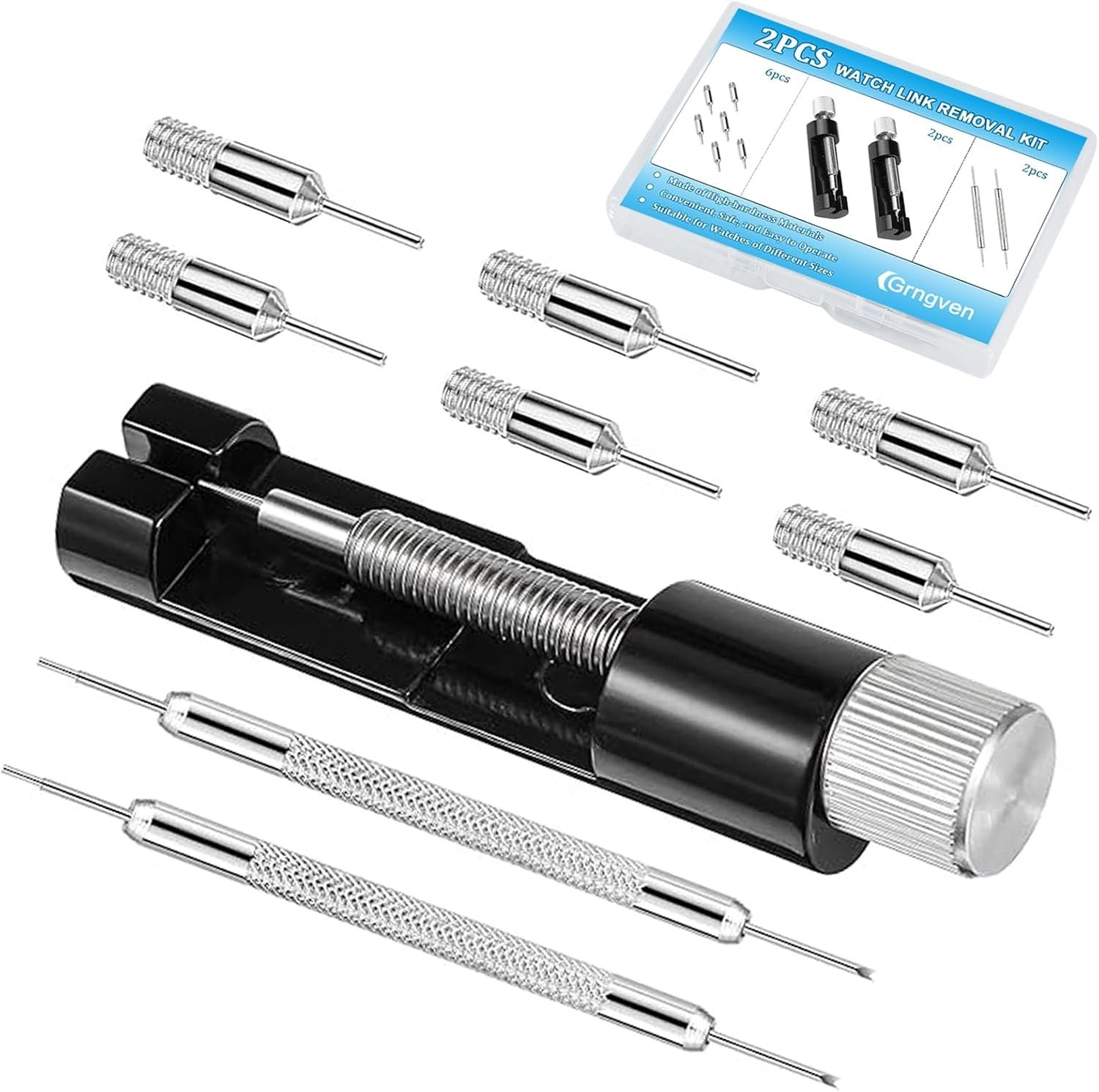 Portable Watch Link Removal Kit: 2 Tools with 6 Replacement Pins for DIY Repairs