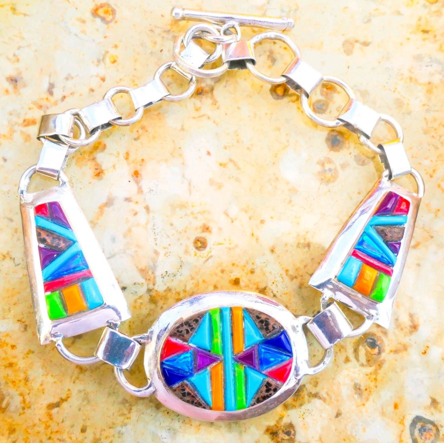 Native Sterling Silver Multi-Gemstone Inlay Cobblestone Toggle Bracelet 17.55g