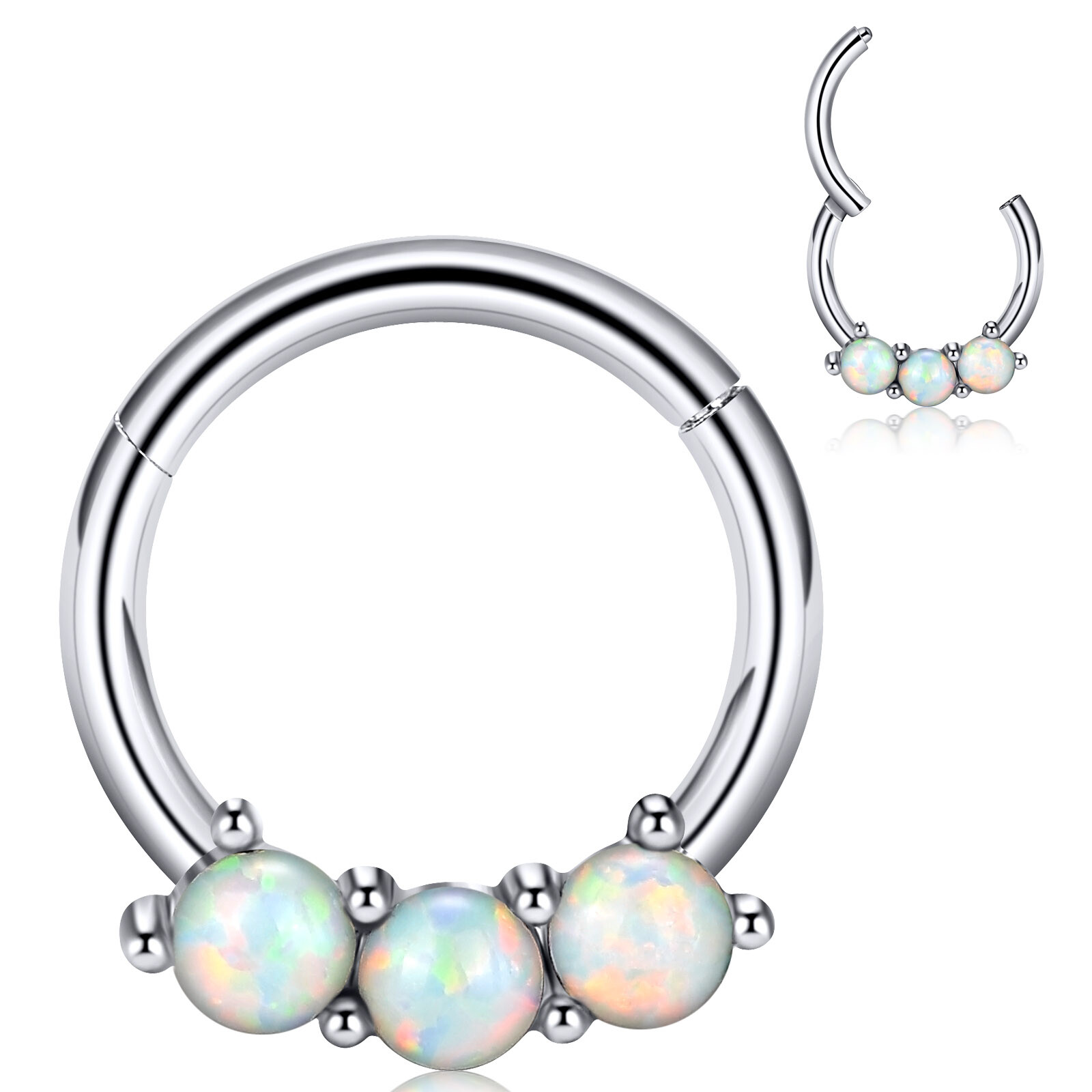 2pcs Silver+Rosegold Opal Nose Hinged Hoop Piercing Segment Ring Earring Studs