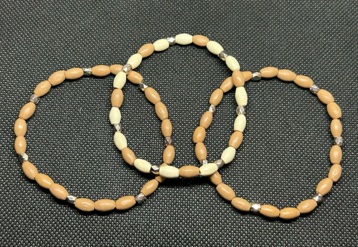 Tan & Ivory with rose gold accents Bamboo Wooden Beaded Bracelet Set Size M