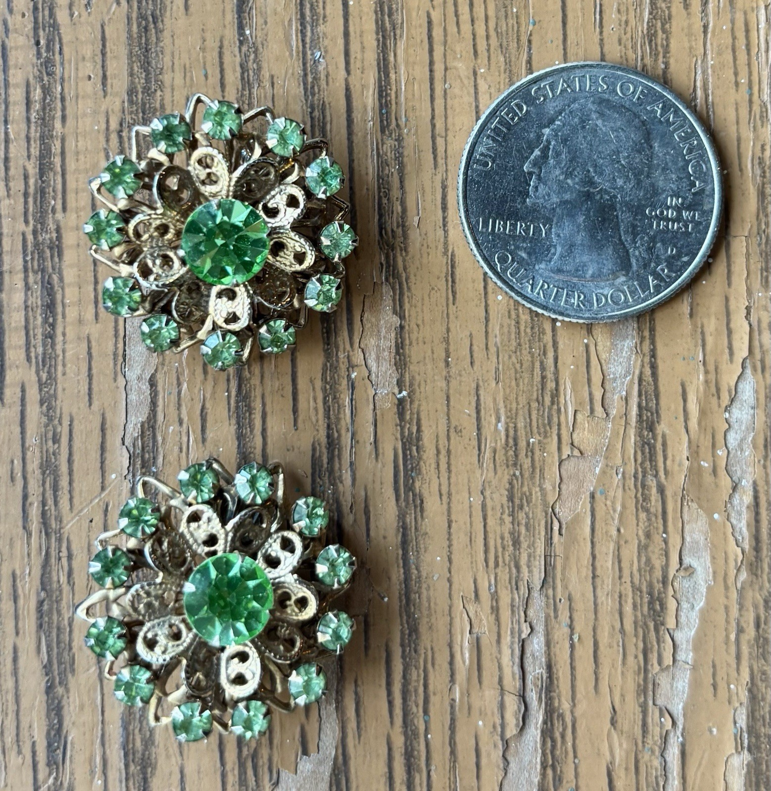Vintage Pair Green Rhinestone Floral Brooches Gold Tone Filigree Matching Pins
